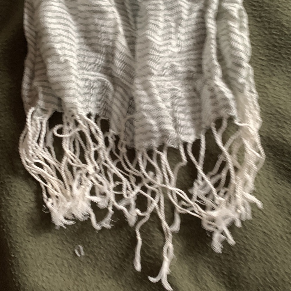 Coldwater Creek light scarf .Gray/green striped. Gray open weave infinity scarf. - Picture 2 of 9